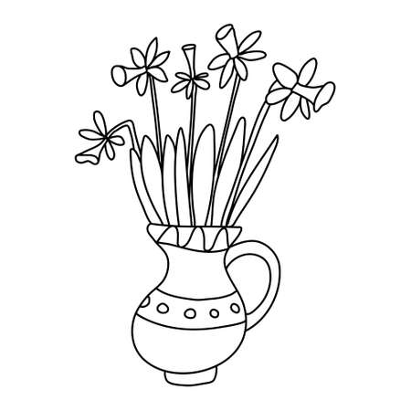 Nice narcissus flowers is in a jug decorated with patterns. Vector hand drawn illustration isolated on white. Black outline. Doodle style. Great for spring and Easter design, coloring books.のイラスト素材
