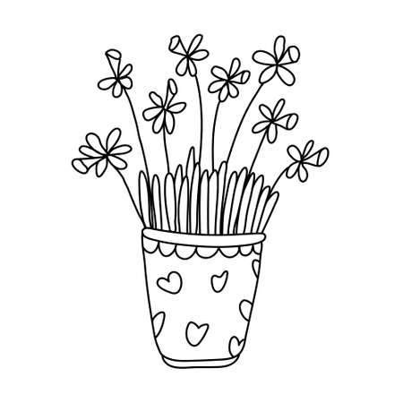 Nice narcissus flowers is in a pot decorated with hearts. Vector hand drawn illustration isolated on white. Black outline. Doodle style. Great for spring and Easter design, coloring books.のイラスト素材