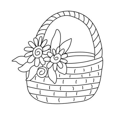 Wicker basket decorated with leaves and flowers. Hand drawn vector illustration isolated on white. Doodle style. Black outline.のイラスト素材