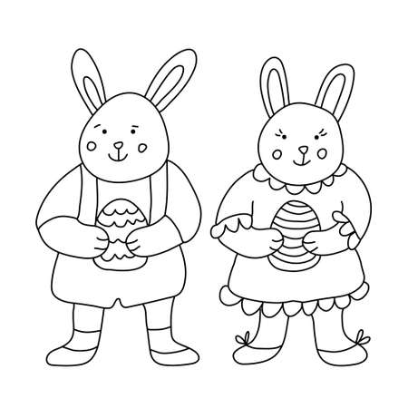 Cute smiling little rabbits or bunnies with Easter eggs. Hand drawn vector illustration isolated on white. Doodle style. Black outline. Single pictures for your Easter design, coloring books, postersのイラスト素材