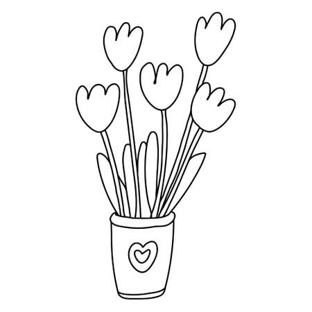 Nice tulip flowers are in a small pot decorated with a heart. Vector hand drawn illustration isolated on white. Black outline. Doodle style. Great for spring and Easter design, coloring books.のイラスト素材