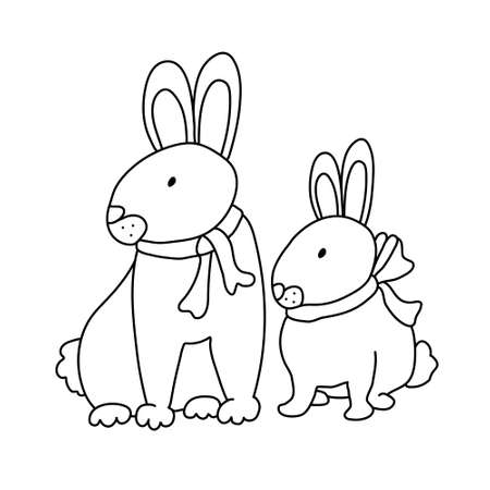 Cute hares or rabbits in doodle style. Isolated outline. Hand drawn vector illustration in black ink on white background. Single pictures for your Easter design, coloring books.のイラスト素材