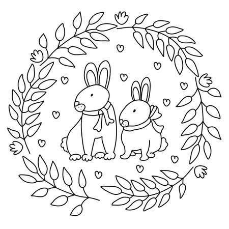 Easter wreath with cute hares or rabbits in doodle style. Isolated outline. Hand drawn vector illustration in black ink on white background. Great for Easter greeting cards, posters, coloring books.のイラスト素材