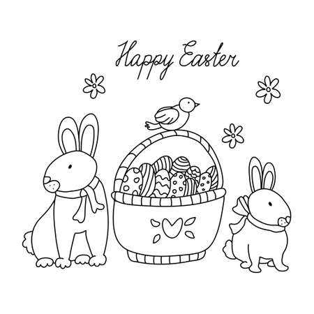 Cute rabbits and an easter basket wit eggs in doodle sketch style. Isolated black outline. Vector illustration on white. Happy Easter lettering. Great greeting card and picture for coloring.のイラスト素材