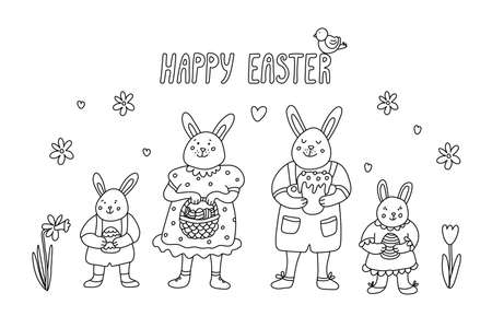 Smiling rabbits family or bunnies with Easter treats. Hand drawn vector illustration isolated on white. Doodle style. Black outline. Great for Easter design, coloring books, posters, greeting cards.のイラスト素材