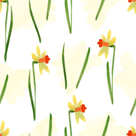 Spring seamless pattern with narcissus or daffodils flowers and watercolor spots on white background. Beautiful textile print.の写真素材