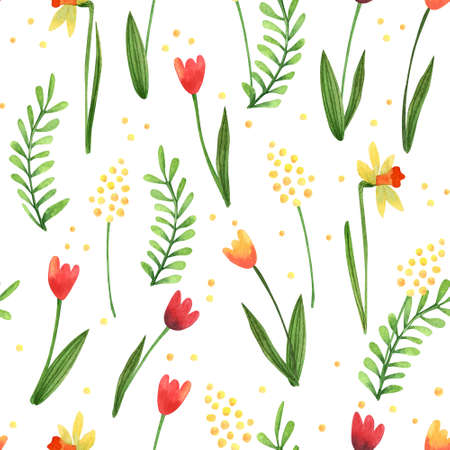 Watercolor seamless pattern with spring flowers. Narcissus, mimosa and tulip flowers on white background. Beautiful textile print.の写真素材