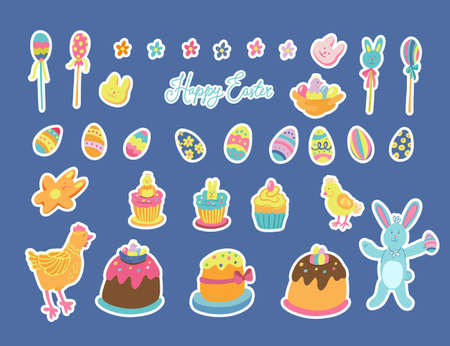 Big set of Easter stickers with white outline. Animals and treats. There are cupcakes, cakes, lollipops, biscuits, flowers, eggs. Cute bunny, little chicken and hen. Vector illustrations and letteringのイラスト素材
