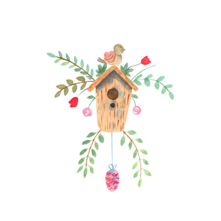 Watercolor hand painted illustration of a birdhouse with a little bird on it. Nice spring flowers and tree branches. Great for Easter greeting cards, home posters.の写真素材