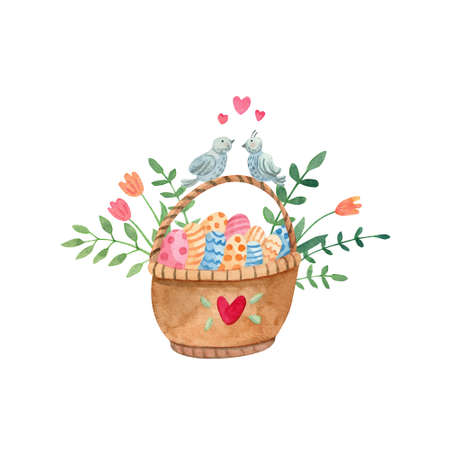 Watercolor hand painted illustration of a basket full of colorful eggs with birds on it. Nice spring flowers and tree branches. Great for Easter greeting cards, home posters.の写真素材