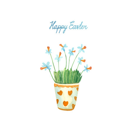 Happy Easter greeting card with potted daffodils. Hand painted illustration of spring flowers narcissus in a pot decorated with hearts. Hand drawn lettering.の写真素材