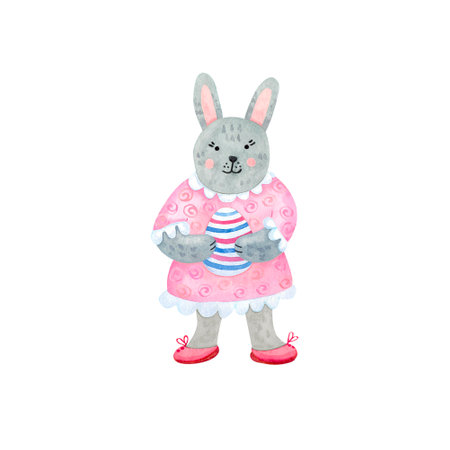 Cute smiling little girl rabbit or bunny with an Easter egg. She is wearing a pink polka dots dress. Hand painted illustration isolated on white. Single picture for your Easter cards design, posters.の写真素材