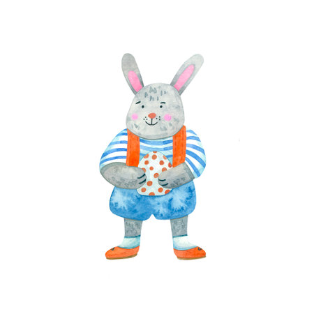 Cute smiling little boy rabbit or bunny with an Easter egg. He is wearing pants and striped shirt. Hand painted illustration isolated on white. Single picture for your Easter cards design, posters.の写真素材