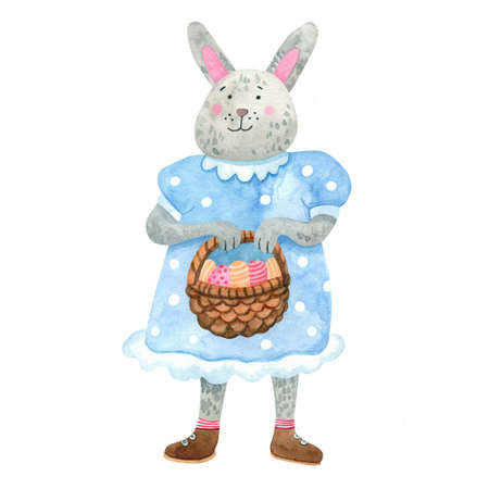 Watercolor funny smiling female rabbit or bunny with an Easter basket with eggs. She is wearing a blue polka dots dress. Hand painted illustration isolated on white. Perfect for greeting cards.の写真素材
