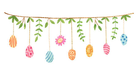 A nice Easter eggs garland decorated with leaves and flowers. Hand painted watercolor illustration on white. Great for greeting card, posters, home decoration.の写真素材