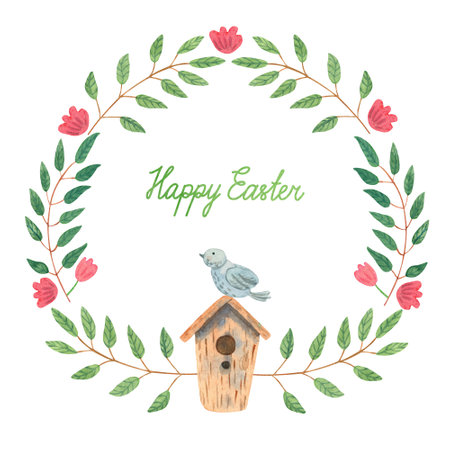 Easter greeting card with a nice wreath of branches with leaves decorated with a birdhouse and a bird on it. Hand painted watercolor illustration on white. Happy Easter lettering.の写真素材