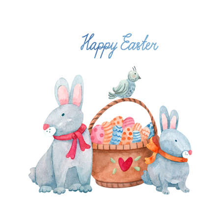 Cute rabbits and an easter basket with colorful eggs and a bird. Watercolor illustration on white. Happy Easter hand painted lettering. Nice greeting card.の写真素材