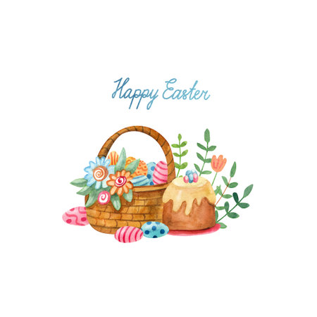 Easter greeting card with a cake, a basket full of colorful eggs, branches with leaves and flowers. Hand painted watercolor illustration on white. Happy Easter lettering.の写真素材