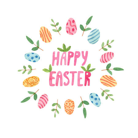 Easter greeting card with eggs decorated with patterns and branches with leaves. Hand painted watercolor illustration on white. Happy Easter lettering.の写真素材