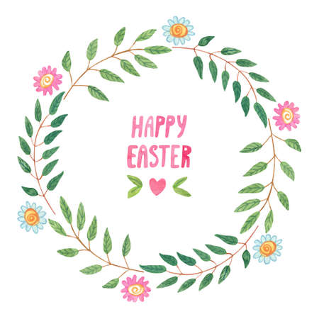 Easter greeting card with a nice wreath of branches with leaves and flowers. Hand painted watercolor illustration on white. Happy Easter lettering.の写真素材