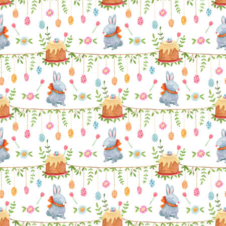 Watercolor spring seamless pattern. Cute rabbits or bunnies, cakes, garland with hanging colorful eggs and flowers. Great for fabrics, wrapping papers, covers. Easter design.の写真素材