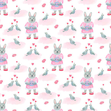Watercolor seamless pattern. Cute little girl rabbit with an Easter egg and pink clouds. She is wearing a nice dress with ruffles. Lovely birds. Great for fabrics, wrapping papers, covers.の写真素材