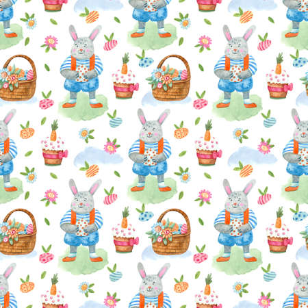 Watercolor spring seamless pattern. Cute rabbit boys or bunnies on the grass, colorful eggs, Easter cakes and baskets decorated with flowers. Great for fabrics, wrapping papers, covers. Easter design.の写真素材