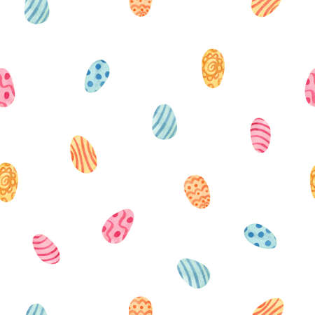 Watercolor seamless pattern. Colorful Easter eggs decorated with patterns. Great for fabrics, wrapping papers, covers. White background.の写真素材