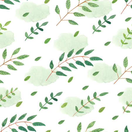 Spring seamless pattern with tree branches with leaves and green watercolor spots. Great for fabrics, wrapping papers, wall papers, covers. Hand painted illustration on white background.の写真素材