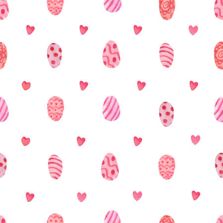 Watercolor seamless pattern. Pink Easter eggs decorated with patterns and hearts. Great for fabrics, wrapping papers, covers. White background.の写真素材