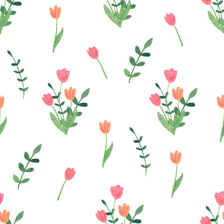 Watercolor spring seamless pattern. Bouquets of tulip flowers. Great for fabrics, wrapping papers, covers. Easter design. White background.の写真素材
