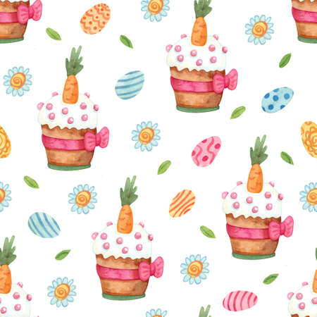 Watercolor seamless pattern with colorful eggs, daisy flowers and Easter cakes decorated with carrots. Great for fabrics, wrapping papers, covers. White background.の写真素材