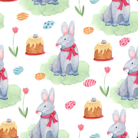 Watercolor spring seamless pattern. Cute Easter rabbits or bunnies on the grass, colorful eggs, tulip flowers and Easter cakes. Great for fabrics, wrapping papers, covers.の写真素材