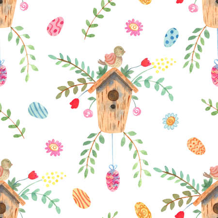 Watercolor spring seamless pattern. Birdhouses decorated with spring flowers, colorful eggs and trees branches with leaves. Lovely birds. Great for fabrics, wrapping papers, covers. Easter design.の写真素材