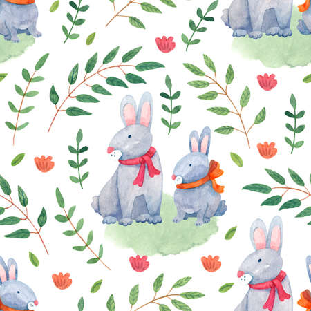 Watercolor spring seamless pattern with cute Easter rabbits and tree branches with green leaves. Hand painted illustration on white background. Great for fabrics, wrapping papers, covers.の写真素材