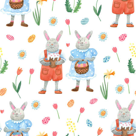 Watercolor seamless pattern. Cute rabbits, colorful eggs, Easter cakes and baskets decorated with spring flowers. Great for fabrics, wrapping paper, covers. Easter design.の写真素材