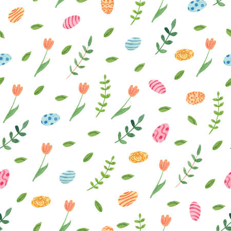 Watercolor spring seamless pattern. Tulip flowers, leaves and colorful eggs. Great for fabrics, wrapping papers, covers. Easter design. White background.の写真素材