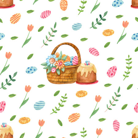 Watercolor spring seamless pattern. Baskets full of colorful eggs, Easter cake, tulips spring flowers and leaves. Great for fabrics, wrapping papers, coversの写真素材