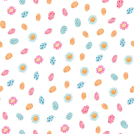 Watercolor floral seamless pattern. Daisy flowers, leaves and colorful eggs. Great for fabrics, wrapping papers, covers. Easter design. White background. Pink, blue and orange colors.の写真素材