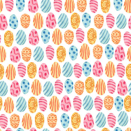 Watercolor seamless pattern. Colorful Easter eggs decorated with patterns. Great for fabrics, wrapping papers, covers. White background. Orange, blue and pink colors.の写真素材