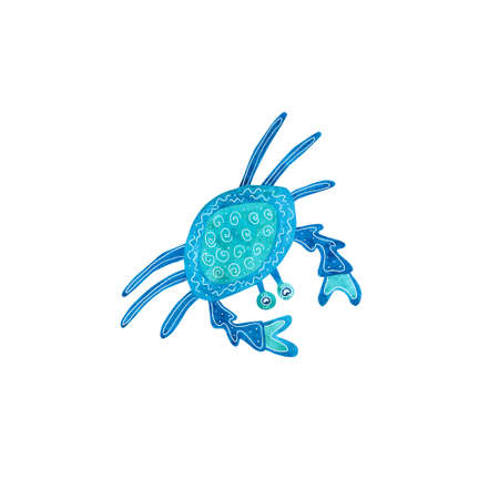 Watercolor crab decorated with white patterns. Blue and turquoise colors. Sea animal hand painted illustration on white background. Great for posters, mug decoration, scrapbooking.の写真素材