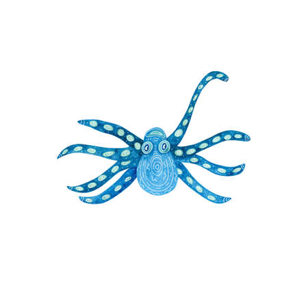 Watercolor octopus decorated with white patterns. Blue and turquoise colors. Sea animal hand painted illustration on white background. Great for posters, mug decoration, scrapbooking.の写真素材