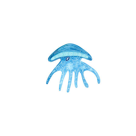 Watercolor jellyfish decorated with white patterns. Blue and turquoise colors. Sea animal hand painted illustration on white background. Great for posters, mug decoration, scrapbooking.の写真素材