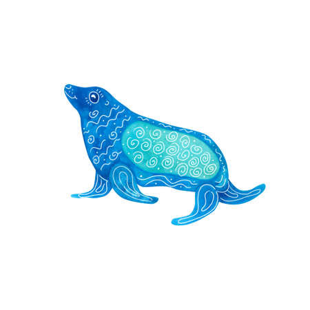 Watercolor fur seal decorated with white patterns. Blue and turquoise colors. Sea animal hand painted illustration on white background. Great for posters, mug decoration, scrapbooking.の写真素材