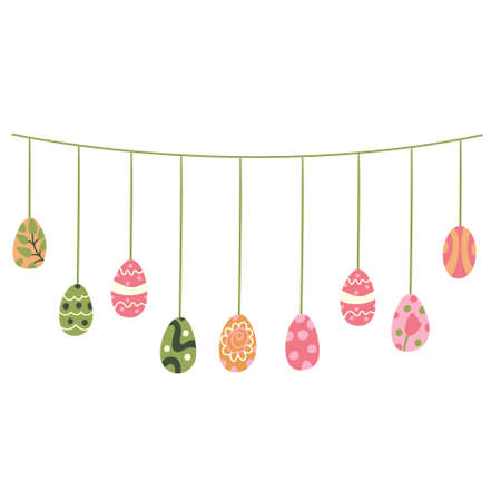 A nice Easter garland with hanging colorful eggs decorated with patterns. Great for greeting cards, posters. Hand drawn vector illustration isolated on white.のイラスト素材