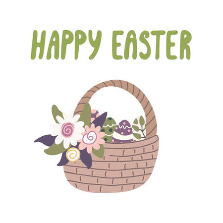 Greeting card with a wicker basket decorated with flowers full of colorful eggs and Happy Easter hand drawn lettering. Vector illustration isolated on white background.のイラスト素材