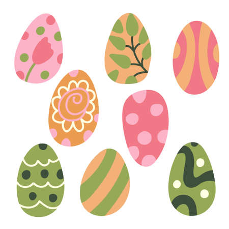 Colorful Easter eggs decorated with patterns. Vector hand drawn illustration isolated on white. Great for Easter design, greeting cards, posters.のイラスト素材