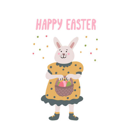 Easter greeting card with a funny smiling female rabbit or bunny with an Easter basket with eggs. She is wearing a yellow polka dots dress. Hand drawn vector illustration isolated on white.のイラスト素材