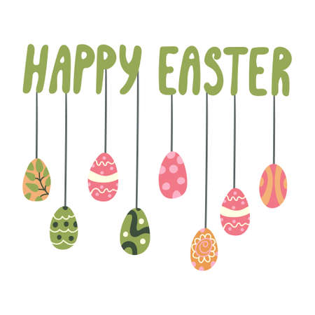 Happy Easter greeting card with Hand drawn lettering and hanging colorful eggs decorated with patterns. Hand drawn vector illustration isolated on white.のイラスト素材