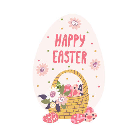 Greeting card with a wicker basket decorated with flowers full of colorful eggs and Happy Easter...
